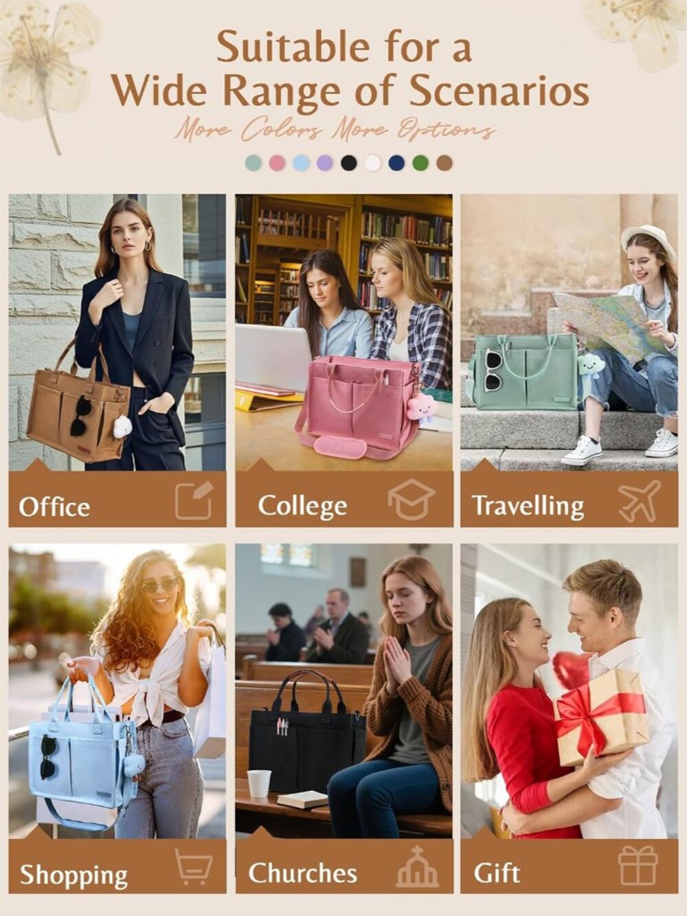 Canvas Tote Bag for Women with Zipper, Work Laptop Purse with Compartments & Lug - Picture 7 of 8